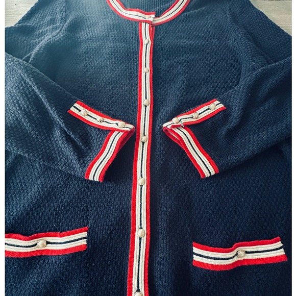 Talbots Navy Textured Knit Cardigan Red White Trim Pearl Button Women's Size M - Picture 5 of 11